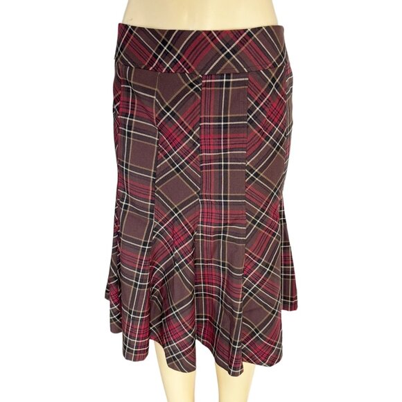 KENAR Brown & Red Plaid Flared Flounce Hem Long Skirt Stretch‎ Academia Corpcore - Picture 9 of 14